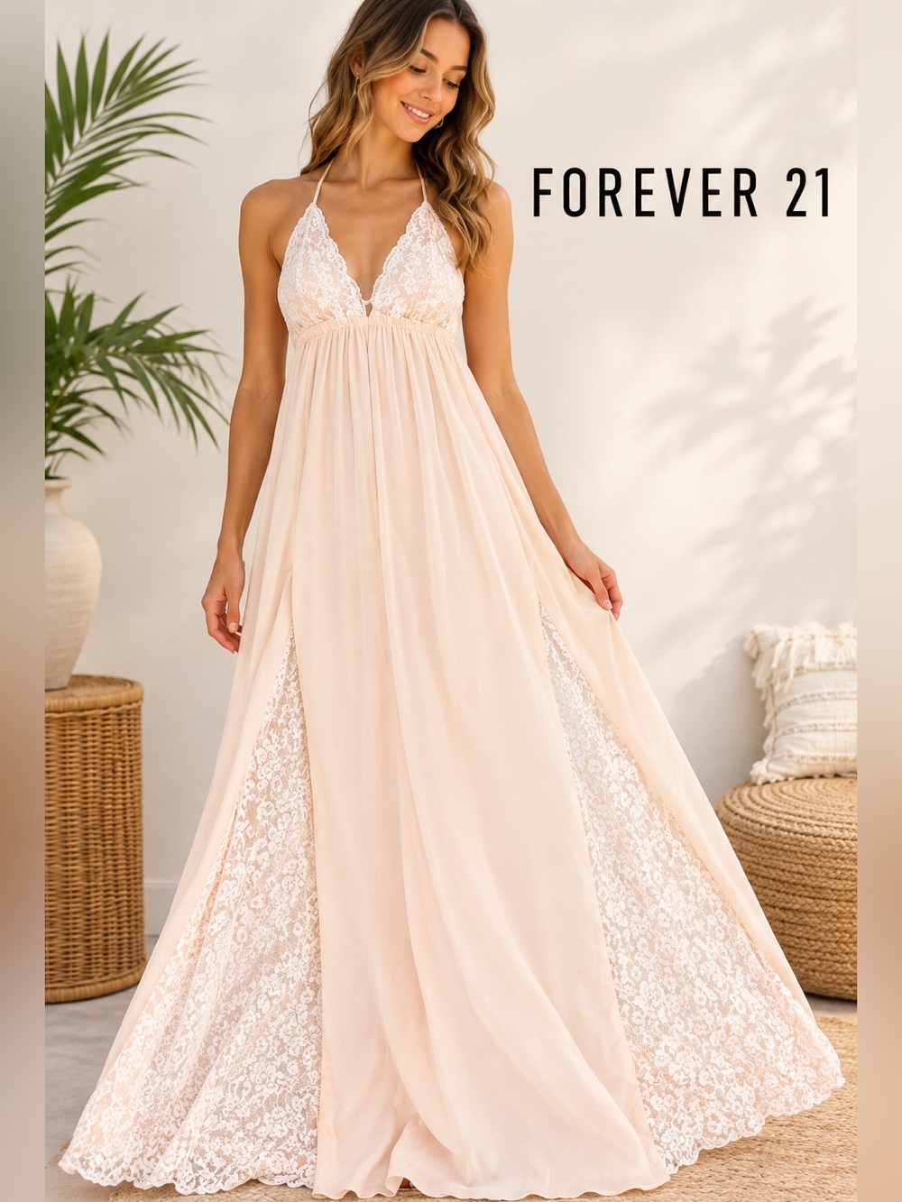 Forever 21 Blush Pink Lace Halter Maxi Dress Small Boho